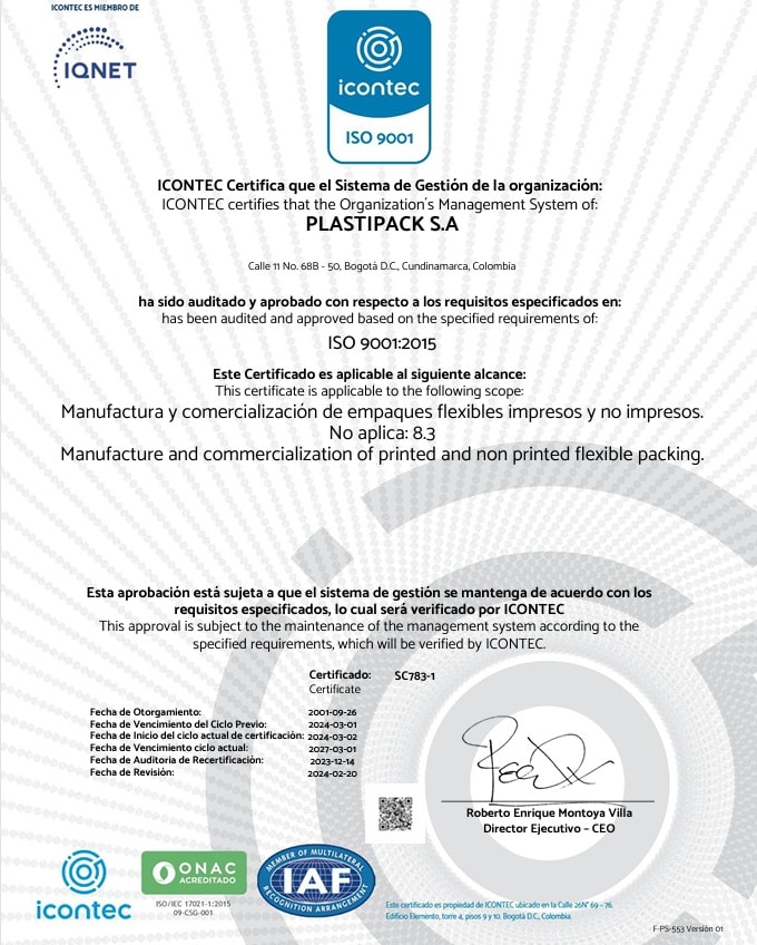 Certificado ISO 9001:2015 ICONTEC