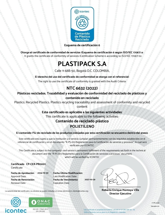 Certificado NTC 6632 Plásticos Reciclados ICONTEC