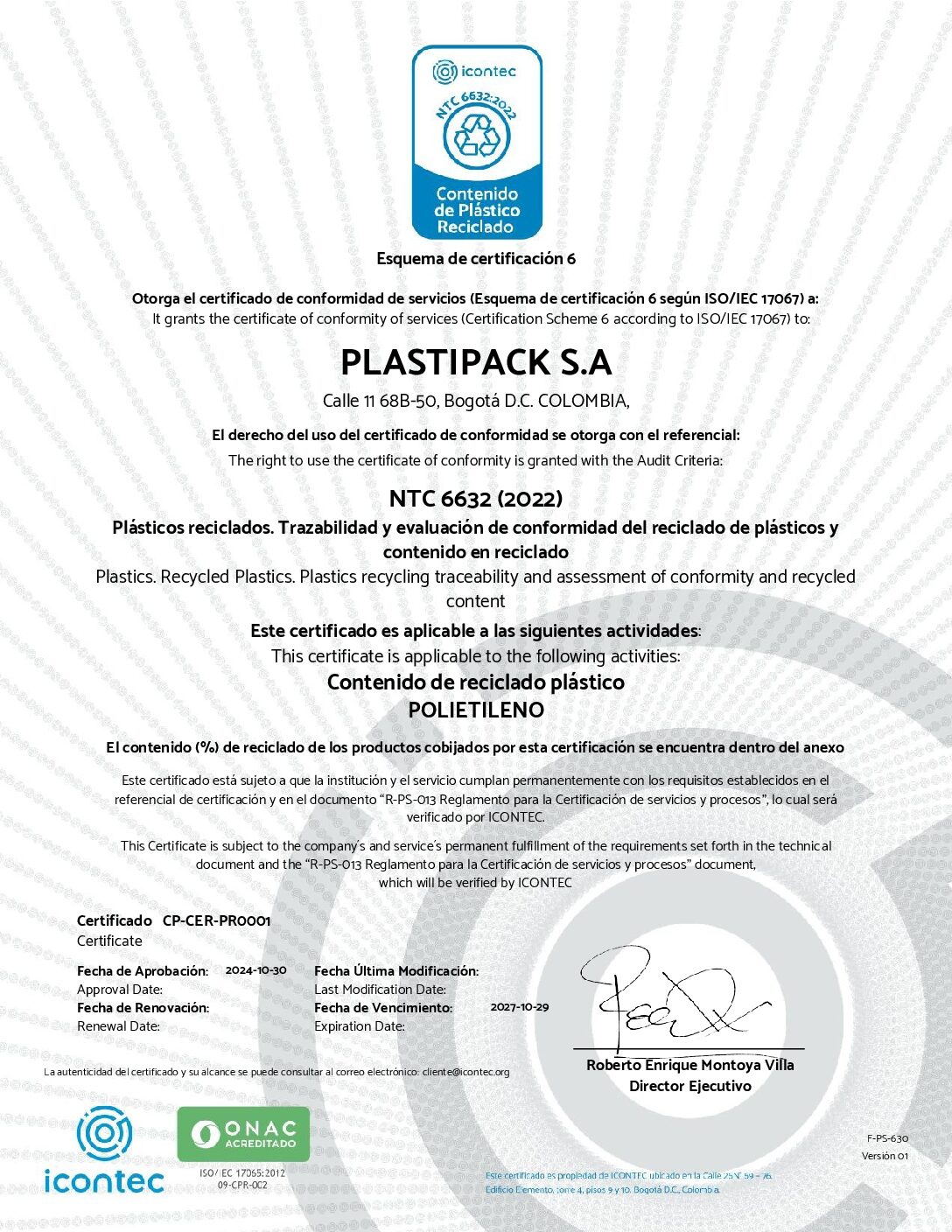 Certificado NTC 6632 Plásticos Reciclados