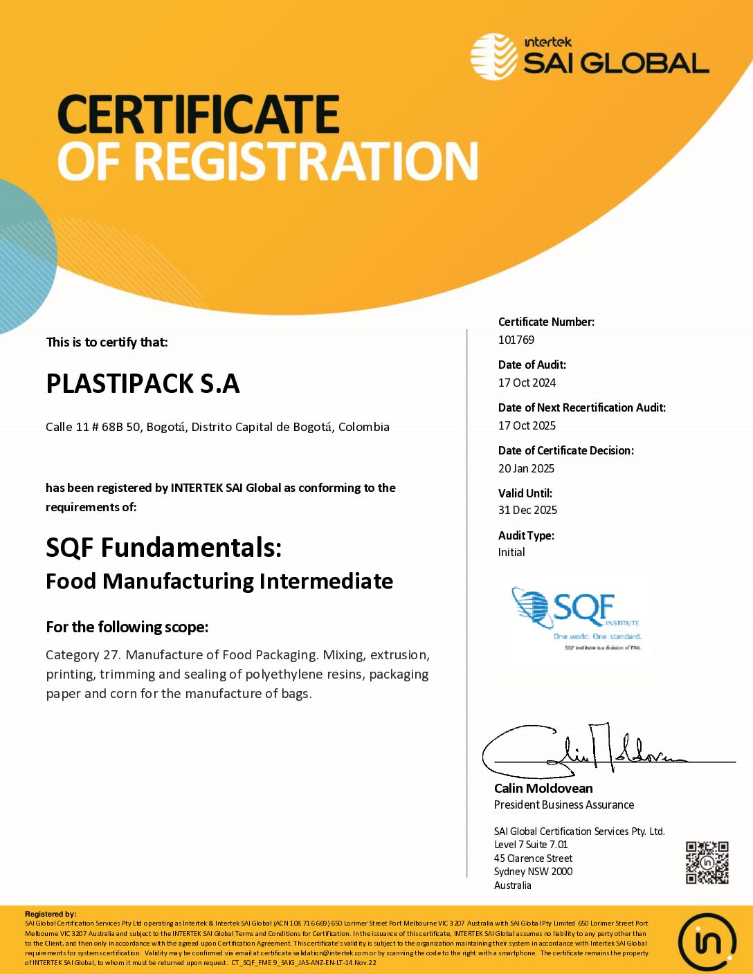 SQF Certificate SAI Global