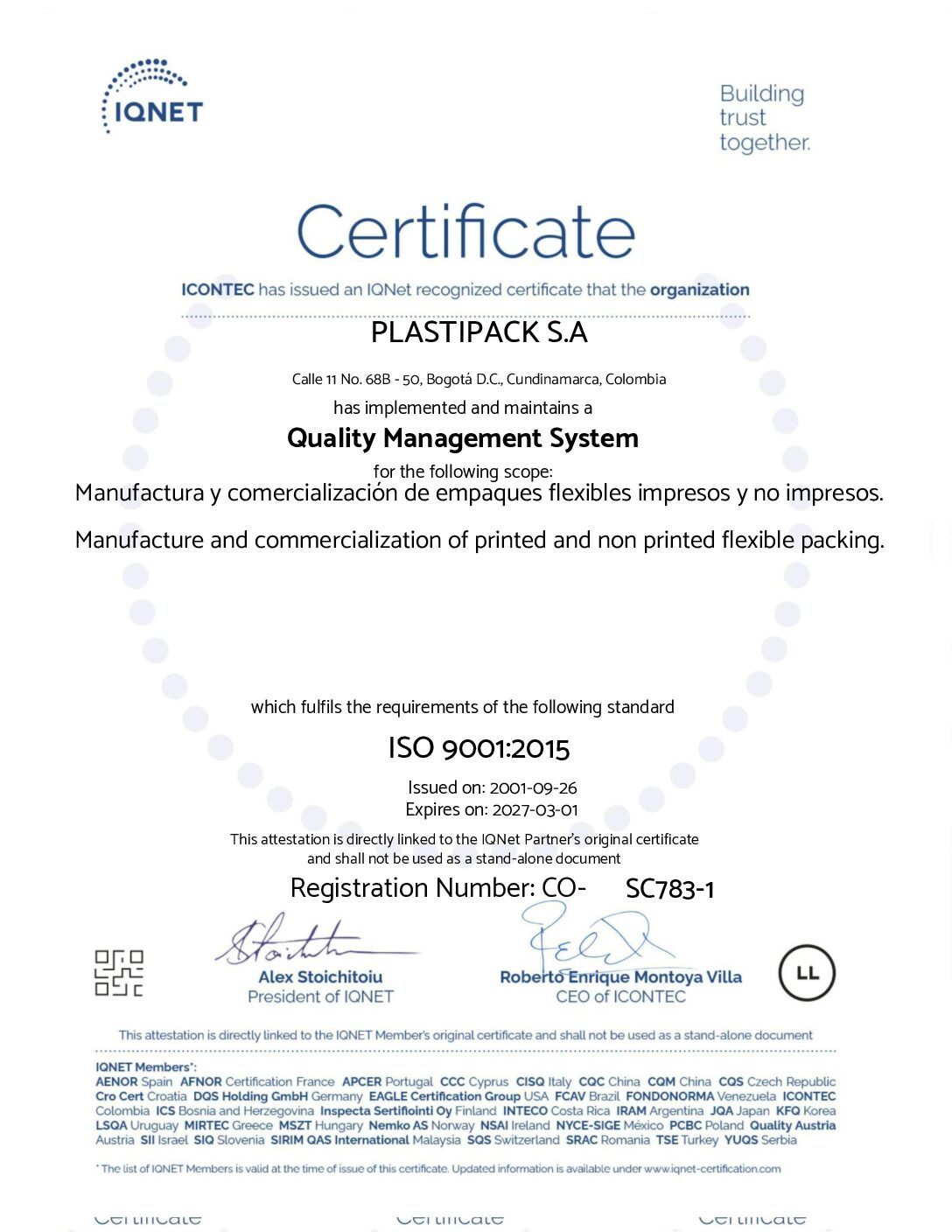 Certificado ISO 9001:2015 ICONTEC